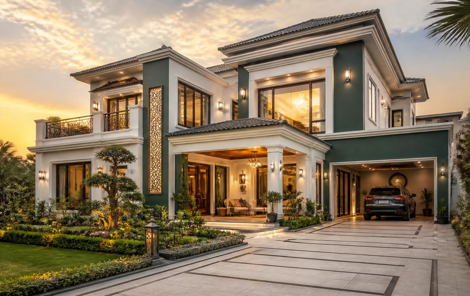Front elevation of the house for sale at golden hour